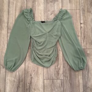 Forever 21 Sage Green Smocked Square Neck Ruched Puff Sleeve‎ Top Womens S
